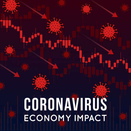 Vector concept illustration of impact of coronavirus on the stock exchange and global economy. Covid-19 virus causes market fall down. Background with candlestick stock charts, arrows and viruses.のイラスト素材
