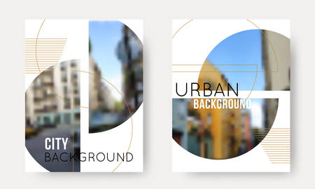 Vector Set of Blurred Urban Backgrounds. Collection of City unfocused templates for travel design, flyer, presentation, brochure, banner, posterのイラスト素材