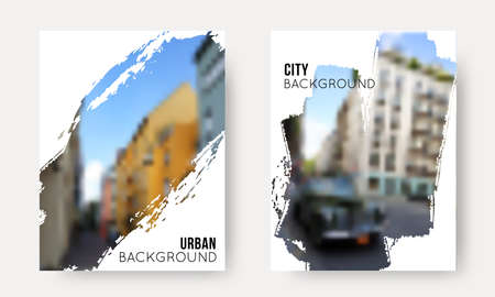 Vector Set of Blurred Urban Backgrounds. Collection of City unfocused templates for travel design, flyer, presentation, brochure, banner, posterのイラスト素材