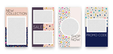 Vector set with social media stories templates with trendy terrazzo collage shapes. Trendy...