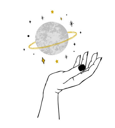 Vector illustration of women's hand holding textured planet and stars.のイラスト素材