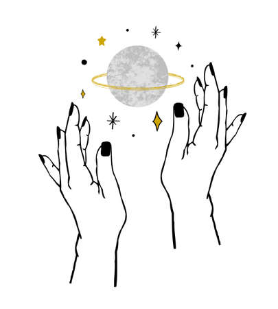 Vector illustration of women's hands holding textured planet and stars.のイラスト素材