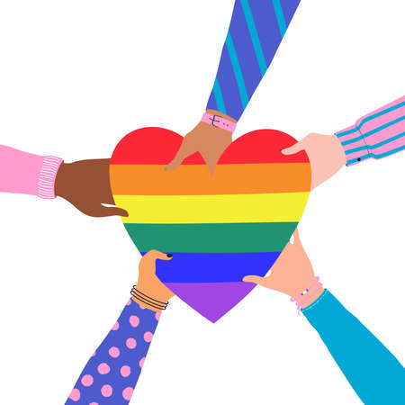 Vector illustration of cartoon flat Hands Holding Heart with rainbow colors.  symbol of Love, Freedom, Peaceのイラスト素材