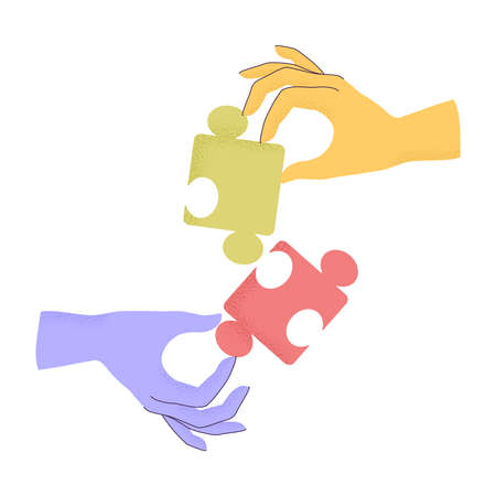 Vector illustration of cartoon human hands holding puzzle pieces with trendy grain textured shadow. Concept of teamwork, research, cooperation, business. Arms connecting elements of jigsaw isolatedのイラスト素材