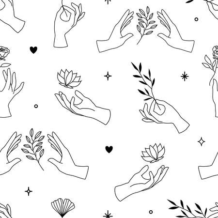 Vector seamless pattern of female hand icons in minimal linear style. Backgrounds with hand gestures, lotus, plants for cosmetics, manicure, beauty, tattoo, spa, jewelryのイラスト素材
