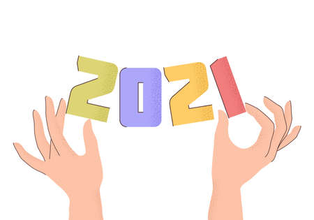 Vector Illustration 2021 with flat cartoon numbers and human hands with trendy grain textured shadow.のイラスト素材