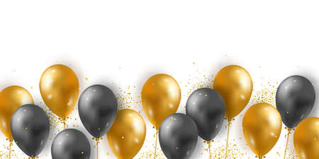 Vector background with 3D realistic glossy helium balloons and golden shiny confetti. Festive template for print, poster, new year, valentine, birthday, anniversary, celebration, wedding, eventのイラスト素材