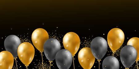 Vector background with 3D realistic glossy helium balloons and golden shiny confetti. Festive template for print, poster, new year, valentine, birthday, anniversary, celebration, wedding, eventのイラスト素材