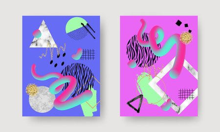 Abstract contemporary art posters with marble stones, doodle textures, geometric shapes, animal pattern, plants, dots and watercolor elements. Trendy modern backgrounds for postcards, brochure coverのイラスト素材