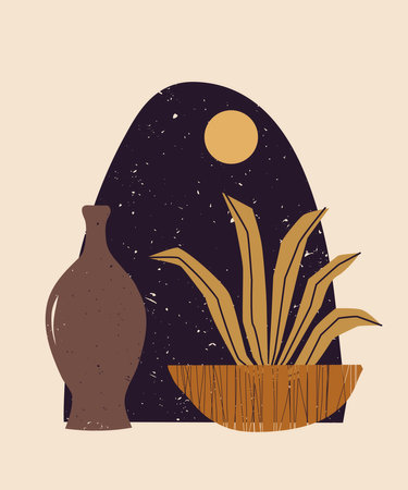 Vector contemporary aesthetic composition with plant in pot, vase, arch, moon. Creative Mid Century minimalist bohemian design, print, poster, background, illustrationのイラスト素材