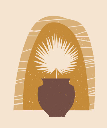 Vector contemporary aesthetic composition with palm plant in vase, arch. Creative Mid Century minimalist bohemian design, print, poster, background, illustrationのイラスト素材