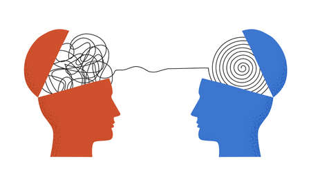 Vector illustration of two human heads silhouette with thread between them isolated on white....