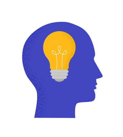 Vector illustration with human head and light bulb. Trendy concept of business, thinking, creativity, finding solution, idea. Symbol, icon with modern grain shadowのイラスト素材