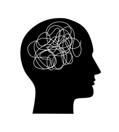 Vector illustration with human head silhouette with brain as tangled messy single line. Trendy concept of mental disorder, finding solution, chaotic thinking process, confused mind. Isolated on whiteのイラスト素材