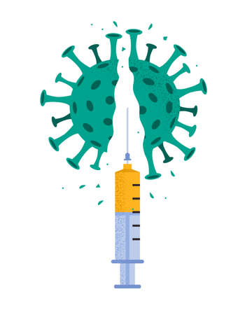 Vector illustration of  virus destroyed by injection of medical syringe. Explosion of defeated broken virus isolated on white background.のイラスト素材