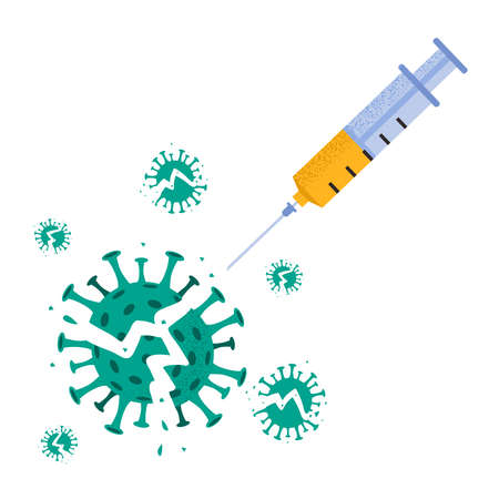 Vector illustration of virus destroyed by injection of medical syringe. Explosion of defeated broken virus isolated on white background.のイラスト素材