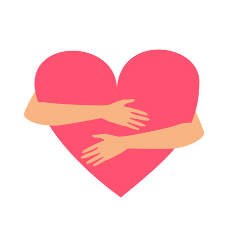 Vector illustration of hands hugging heart isolated on a white background. Symbol or concept of love, charity, love yourself, Valentine's day, volunteer, donation, family, support. Flat styleのイラスト素材