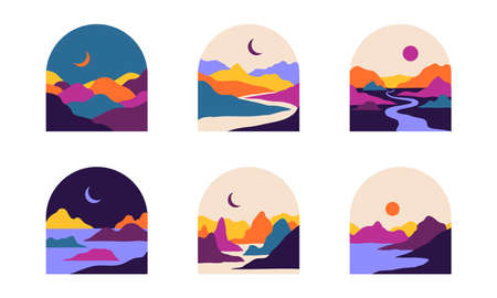 Vector abstract contemporary aesthetic set of backgrounds landscapes with mountains, roads, sunrise, sunset. Boho wall print decor, stickers in flat style. Mid century modern minimalist art, designのイラスト素材