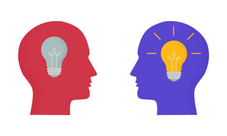 Vector illustration with two human heads and light bulbs on and off. Trendy concept of business, thinking, creativity, finding solution, idea. Symbol, icon with modern grain shadowのイラスト素材