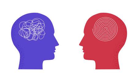 Vector illustration with two human heads with messy complicated line and orderly round element. Isolated on white background. Concept of solving problem, situation, chaos and mess, psychotherapyのイラスト素材