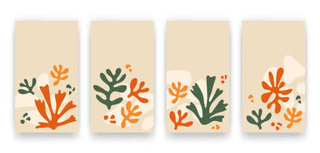 Vector set of social media stories templates with trendy contemporary aesthetic hand drawn abstract leaves and fluid shape forms. Backgrounds with creative Matisse inspired floral illustrationsのイラスト素材