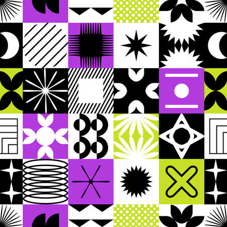 Vector seamless pattern with abstract colorful minimalistic patchwork geometric elements. Contemporary simple various shapes, curves, lines, zigzag. Poster print template, web design, textileのイラスト素材