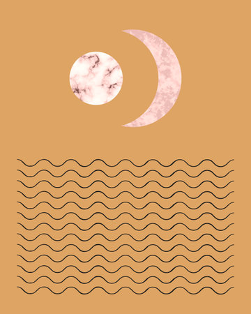 Vector trendy illustration of printable card with boho mid century stones and marble textured shapes of moon, planets. Abstract contemporary aesthetic background with geometric elements, linesのイラスト素材