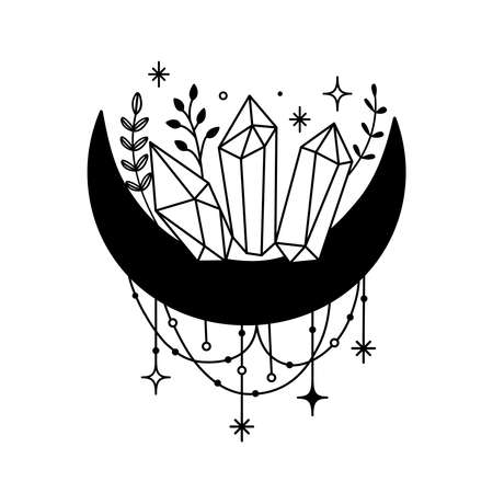 Vector illustration with mystical moon with crystals, plants and stars. Hand drawn astrology symbol for print, fashion, wall decor. Mystical and magical, astrology designのイラスト素材