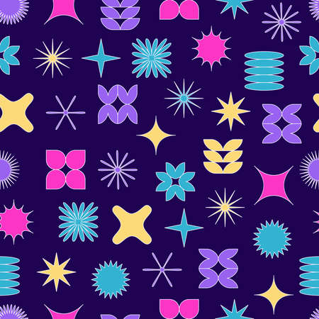 Vector seamless pattern with abstract colorful minimalistic patchwork geometric elements. Contemporary simple various shapes, curves, lines, zigzag. Poster print template, textileのイラスト素材