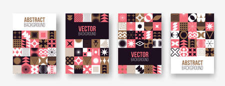 Vector set with abstract colorful minimalistic patchwork geometric elements. Contemporary mosaic with simple various shapes, curves, lines, zigzag. Poster print template, web design, textile, backgroundsのイラスト素材