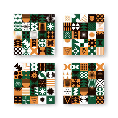 Vector set with abstract colorful minimalistic patchwork geometric elements. Contemporary mosaic...