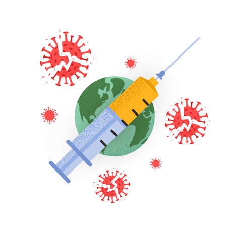 Vector illustration of syringe, Earth globe and destroyed virus spreading isolated on white background.のイラスト素材