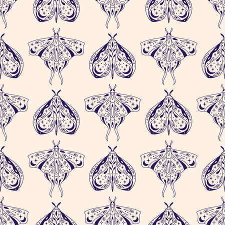 Vector magic celestial seamless pattern with moon, stars and mystic moths. Boho abstract esoteric background with butterflies for fashion, fabric, textile, paper, poster, printのイラスト素材