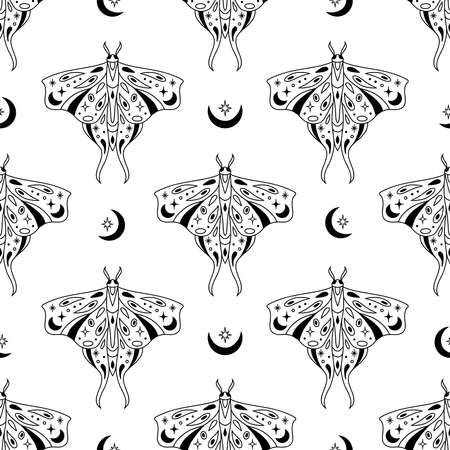 Vector magic celestial seamless pattern with moon, stars and mystic moths. Boho abstract esoteric background with butterflies for fashion, fabric, textile, paper, poster, printのイラスト素材