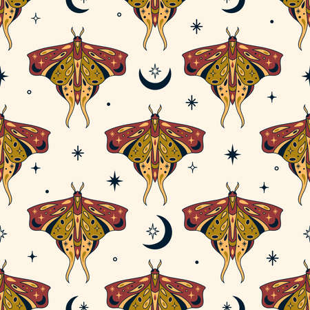 Vector magic celestial seamless pattern with moon, stars and mystic moths. Boho abstract esoteric background with butterflies for fashion, fabric, textile, paper, poster, printのイラスト素材