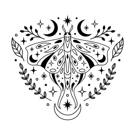 Vector abstract magic illustration with celestial moth, moon, stars and flowers isolated on white background. Boho trendy esoteric butterfly symbol for poster print, fashion, fabric, textile, paperのイラスト素材