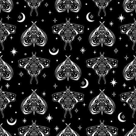 Vector magic celestial seamless pattern with moon, stars and mystic moths. Boho abstract esoteric background with butterflies for fashion, fabric, textile, paper, poster, printのイラスト素材