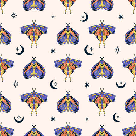 Vector magic celestial seamless pattern with moon, stars and mystic moths. Boho abstract esoteric background with butterflies for fashion, fabric, textile, paper, poster, printのイラスト素材