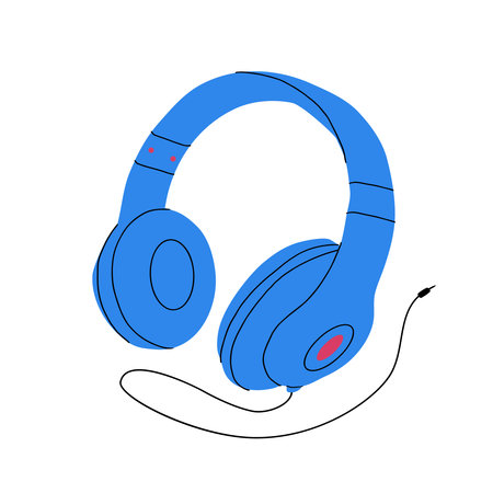 Vector illustration with cartoon headphones doodle illustration isolated on white background. Sound equipment device and audio gadget for music and podcast listeningのイラスト素材