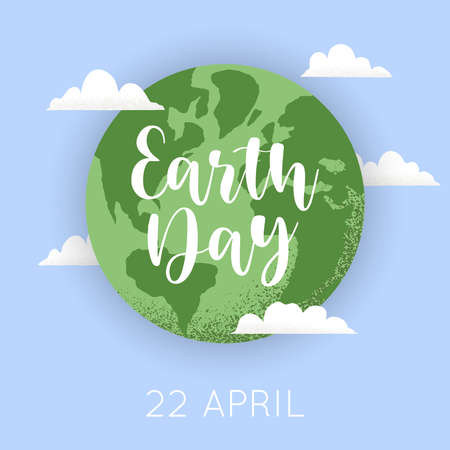 Vector illustration of Earth globe with clouds. Happy Earth Day lettering. Concept of World Environment Day, recycle, sustainability, ecological zero waste lifestyleのイラスト素材