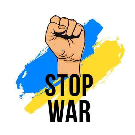 Vector illustration of human fist with a Blue and Yellow flag of Ukraine with Stop War in Ukraine lettering isolated on white backgroundのイラスト素材