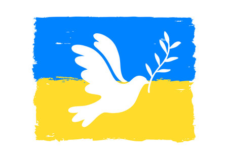 Vector illustration of Blue and Yellow flag of Ukraine with flying bird dove as a symbol of peace isolated on white background. Stop war concept.のイラスト素材