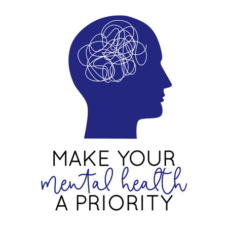 Vector illustration of human head silhouette with untangle brain and Make Your Mental Health A Priority lettering isolated on white background. Concept of Psychology, psychotherapy, mood disorderのイラスト素材