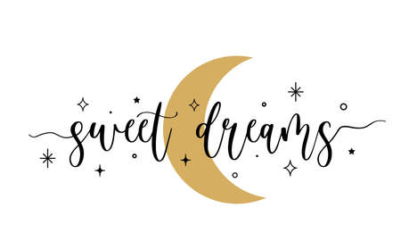 Vector illustration of Sweet Dreams handwritten modern brush lettering with moon and stars. Banner design, poster, print, flyer, calligraphy isolated on white backgroundのイラスト素材