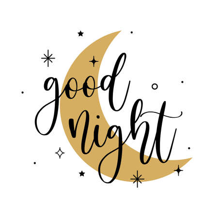 Vector illustration of Good Night handwritten modern brush lettering with moon and stars. Banner design, poster, print, flyer, calligraphy isolated on white backgroundのイラスト素材