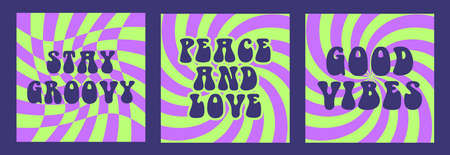 Vector abstract retro 60s, 70s hippie aesthetic backgrounds set with inspirational lettering phrases. Vintage illustrations for fashion art prints, poster or cardのイラスト素材