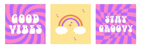 Vector abstract retro 60s, 70s hippie aesthetic backgrounds set with groovy flowers, rainbow,...