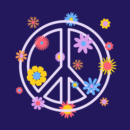 Vector trendy abstract retro 60s, 70s hippie illustration with flowers and peace sign. Vintage template design for fashion art prints, poster or cardのイラスト素材