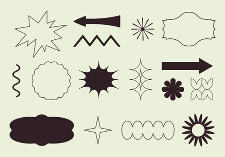 Vector set of simple geometric design elements in minimalist style. Patches, arrows, stickers, icons, symbols, badges template for branding, social media, artisan product, print, packaging, logoのイラスト素材