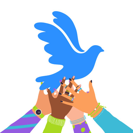 Vector illustration of human hands holding flying bird dove as a symbol of peace isolated on white background. International Peace Dayのイラスト素材